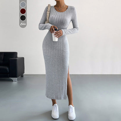 Damen Strickmaxikleid Langärmlig Mit Seitenschlitz Beige - Norvielle