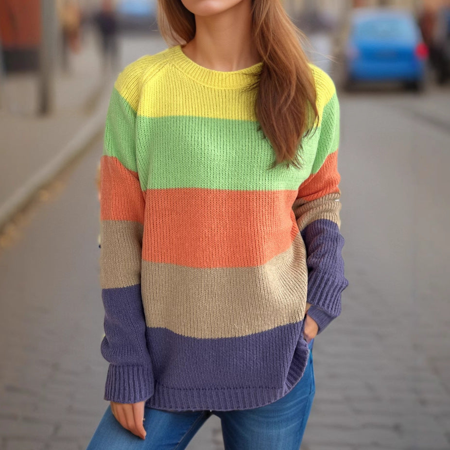 Damen Strickpullover Gestreift Bunt Lässiger Schnitt