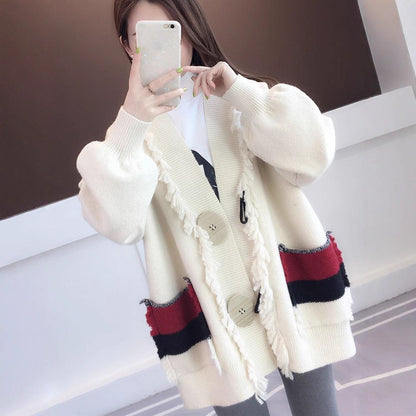 Damen Strickjacke Lässig mit Fransen Details Beige