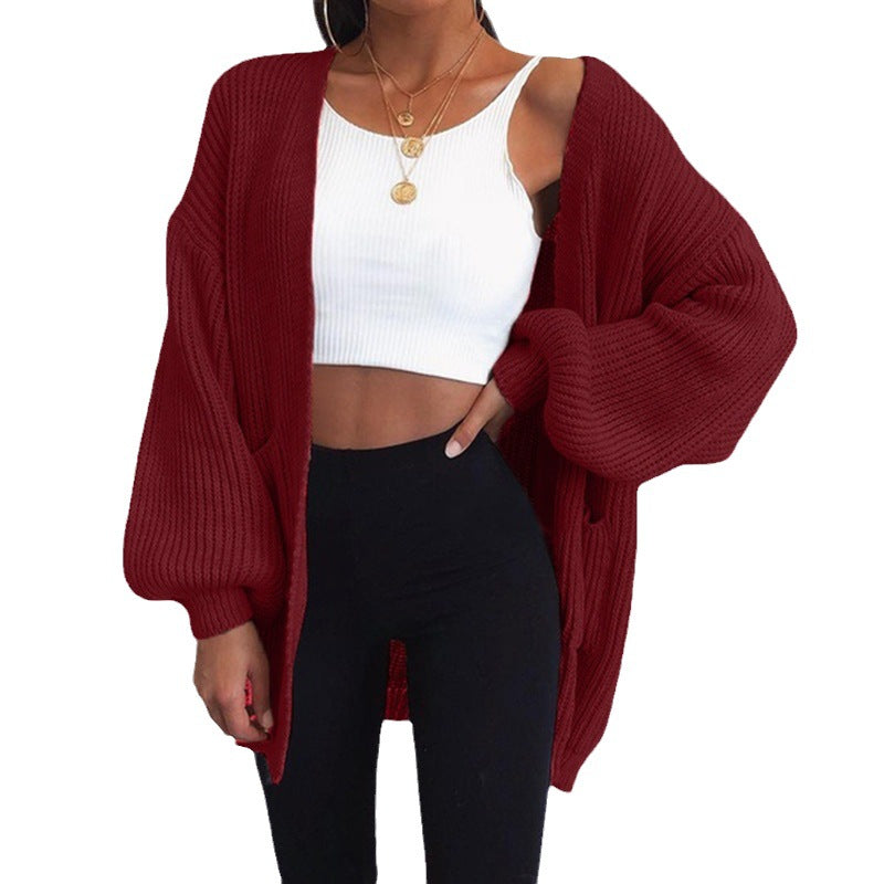 Damen Grobstrick-Cardigan Oversized Ärmel Praktische Taschen Beige