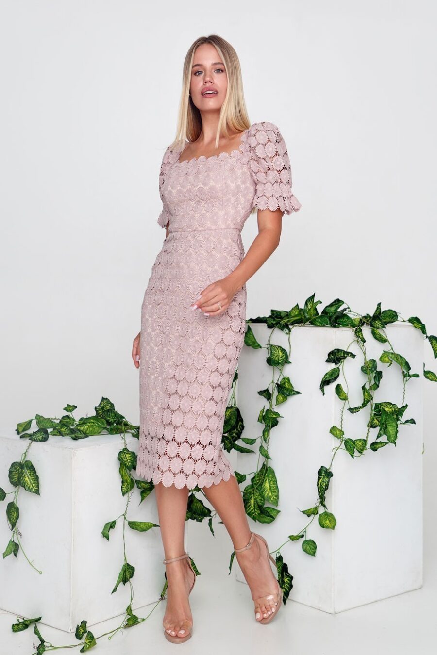 Damen Spitzenkleid Schulterfrei Puffärmel Norvielle