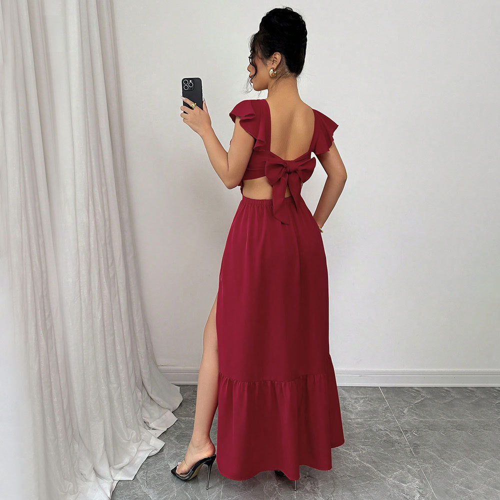 Damen Maxikleid Voluminöse Rüschen Rückenausschnitt Norvielle