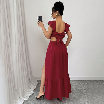 Damen Maxikleid Voluminöse Rüschen Rückenausschnitt Norvielle