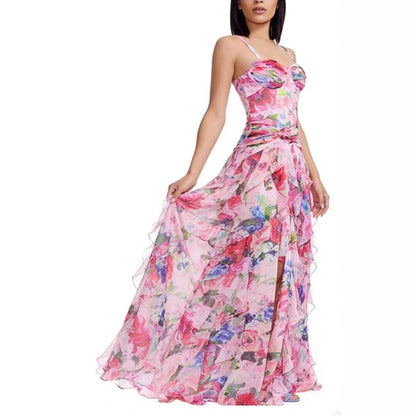 Damen Maxikleid Trägerlos Floralmuster Rüschen