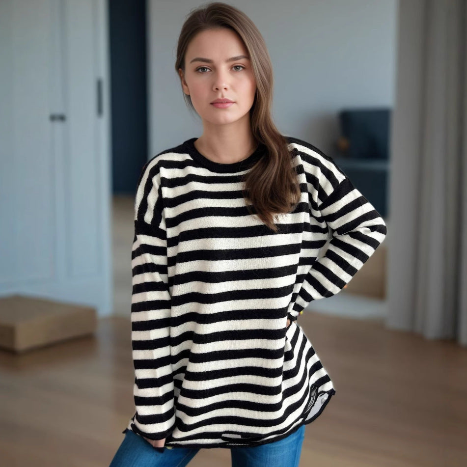 Damen Oversized-Pullover aus Strickstoff mit lässigem Streifenmuster
