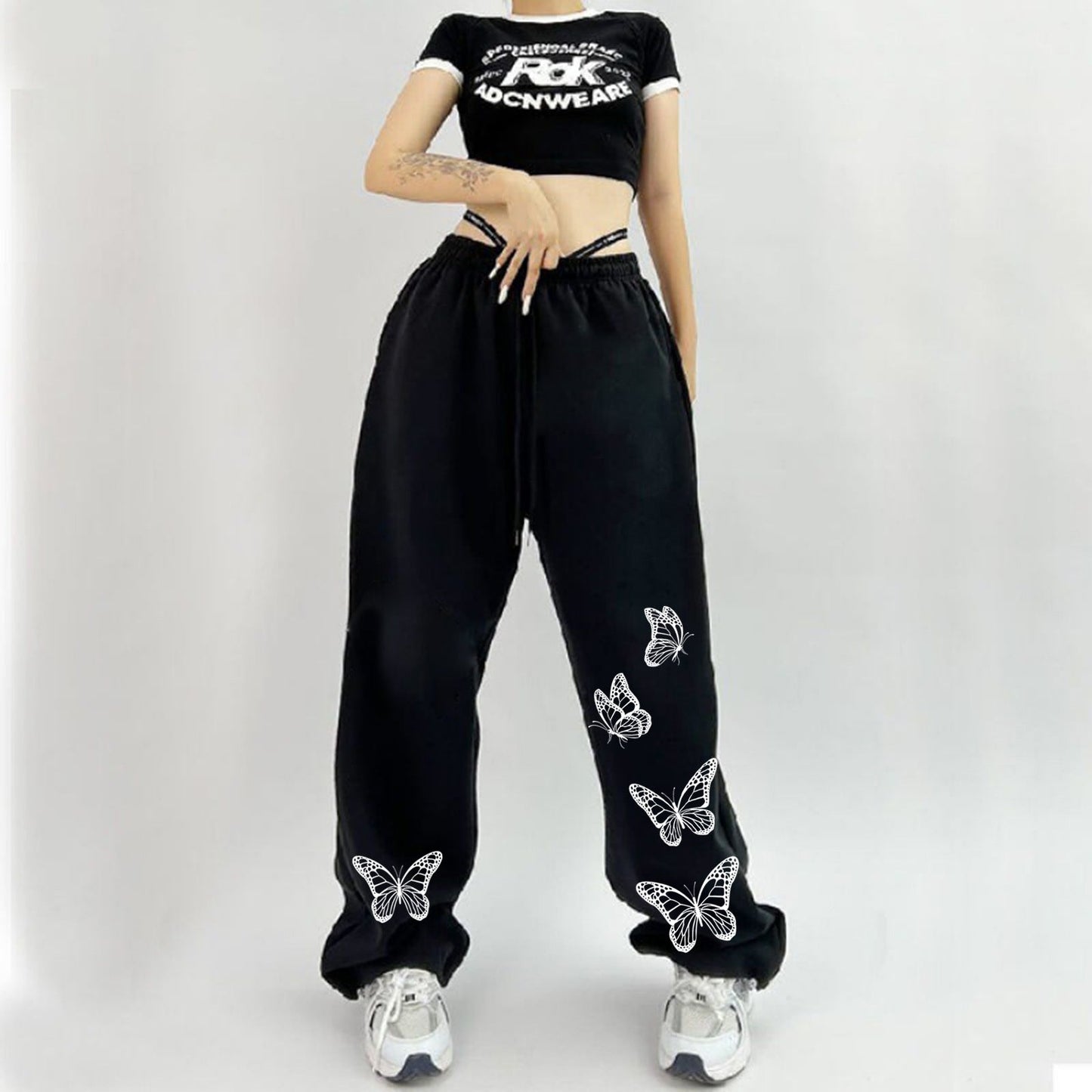 Damen Freizeithose Schmetterlingsmuster Baumwolle Schwarz - Norvielle