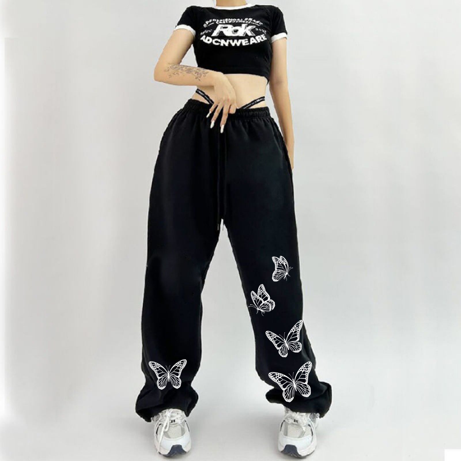 Damen Freizeithose Schmetterlingsmuster Baumwolle Schwarz - Norvielle