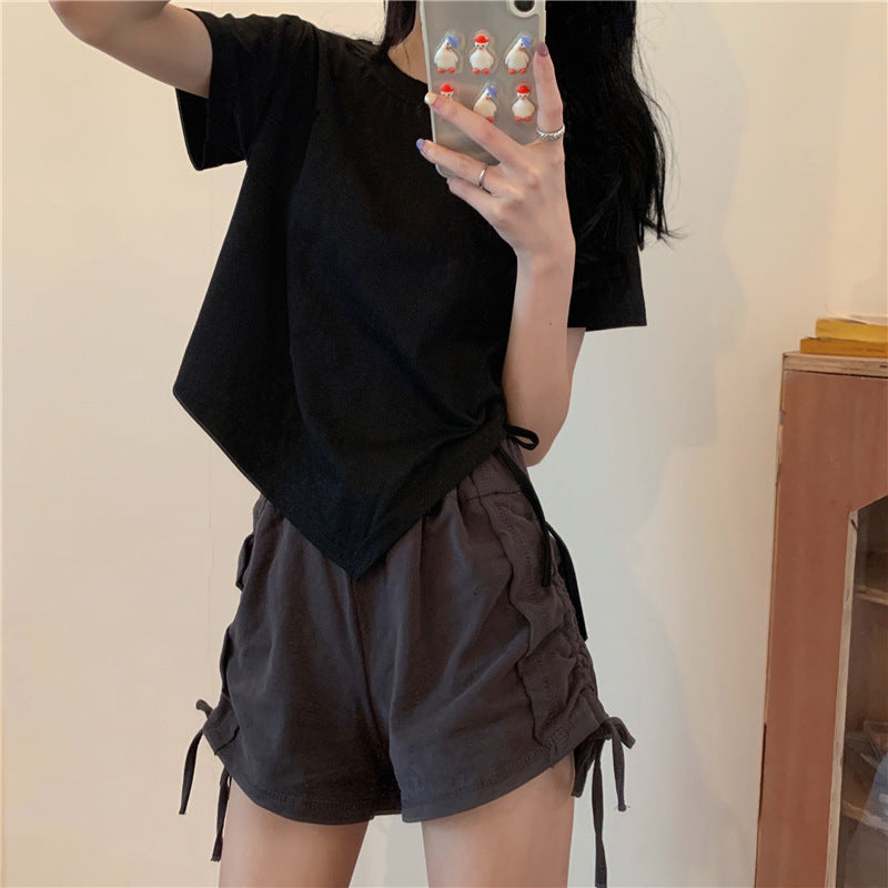 Damen Crop- Asymmetrisch Locker Baumwolle Weiß