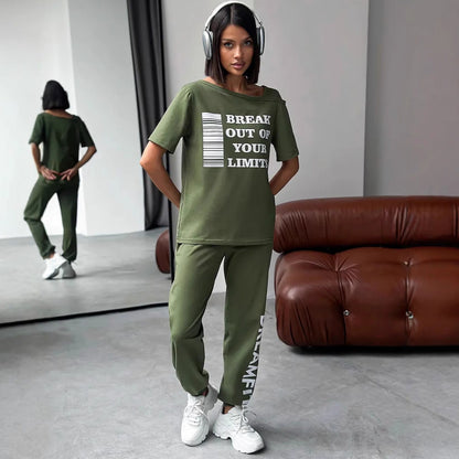 Damen Lounge-Anzug Sportlich Cut-Out-Ärmel Statement-Druck - Norvielle