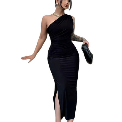 Damen Maxikleid Elegantes One-Shoulder-Design Figurbetont Seiden