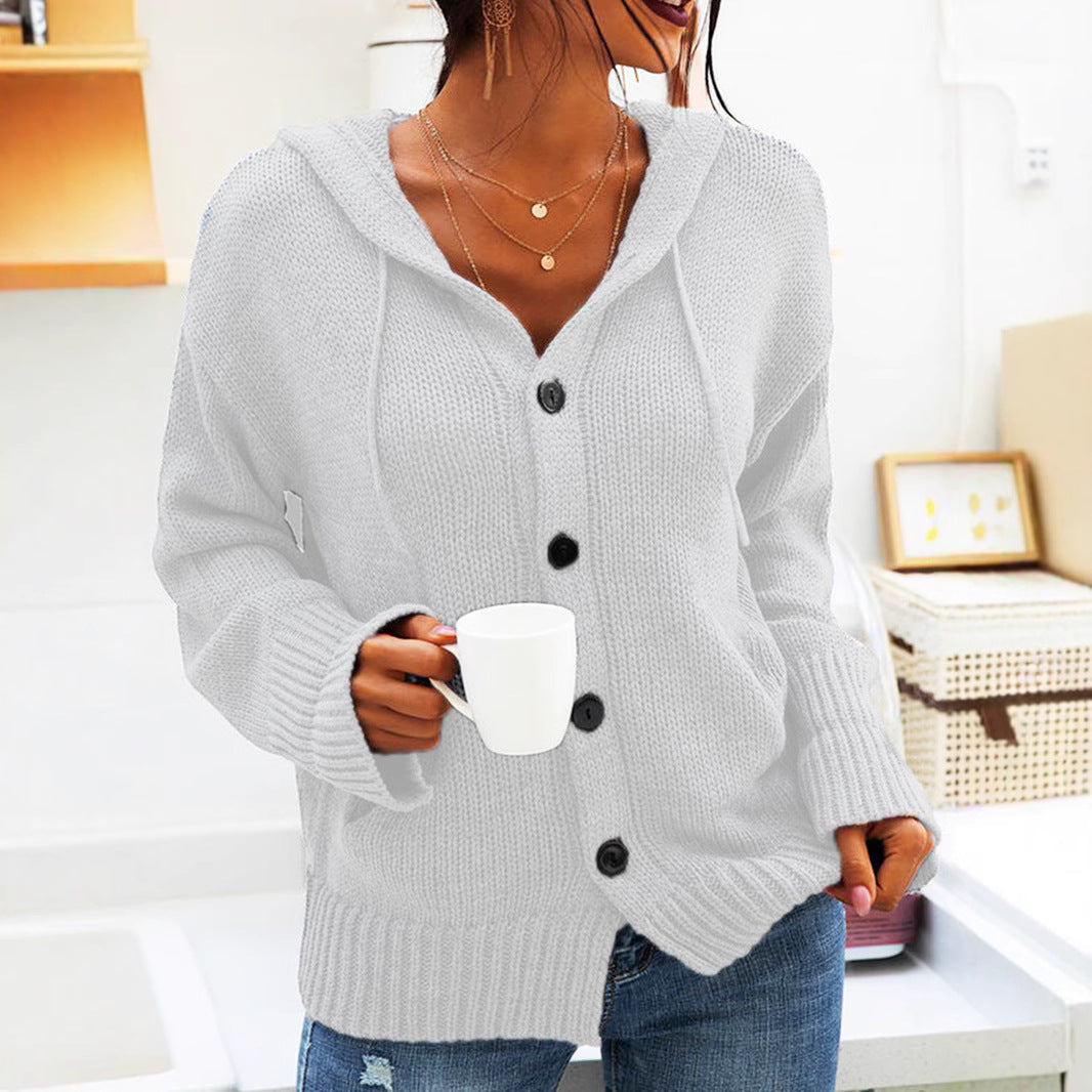 Damen Cardigan Grobstrick Kapuze Knöpfe Beige