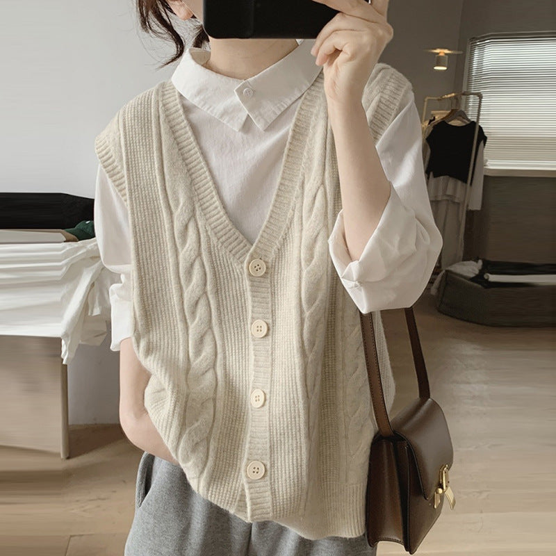 Damen Strickweste Zopfmuster Knöpfe Beige - Norvielle