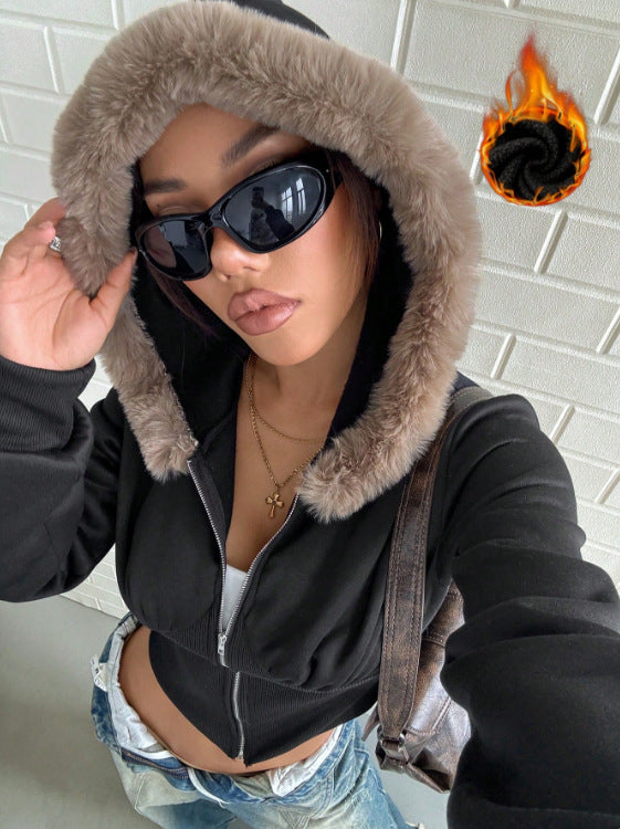 Damen Cropped Hoodie Fellbesatz