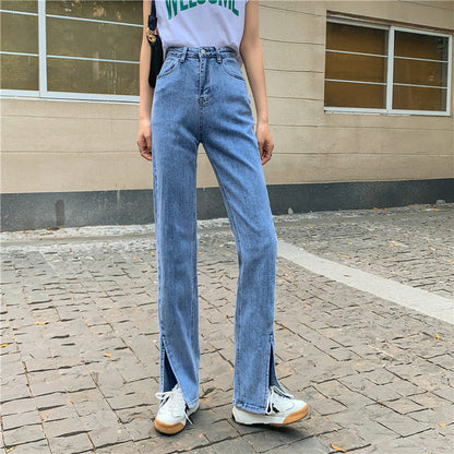 Damen Hochtaillierte Denimhose mit Seitenschlitzen