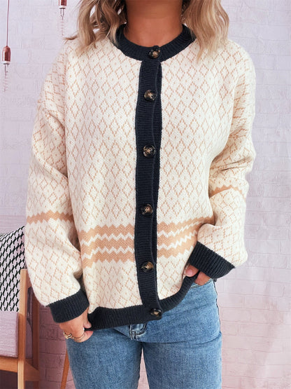 Damen Strickjacke Geometrisches Muster Elegante Knöpfe Beige
