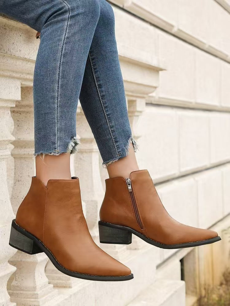 Norvielle Damen Stiefeletten Kunstleder Spitz Niedriger Blockabsatz