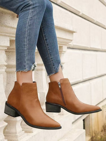 Norvielle Damen Stiefeletten Kunstleder Spitz Niedriger Blockabsatz