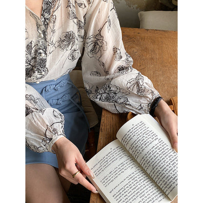Damen Bluse Floralmuster Knopfdetails Norvielle