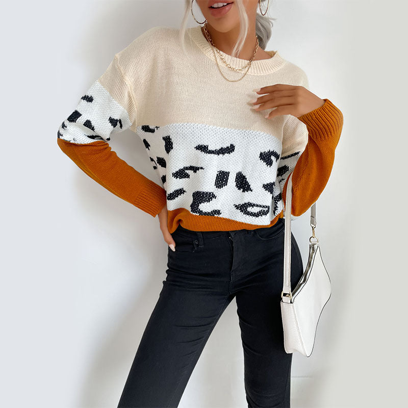Damen Strickpullover Lässig Farbblock-Design Animal-Muster
