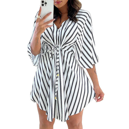 Damen Wickelkleid Asymmetrischer Saum Streifenmuster