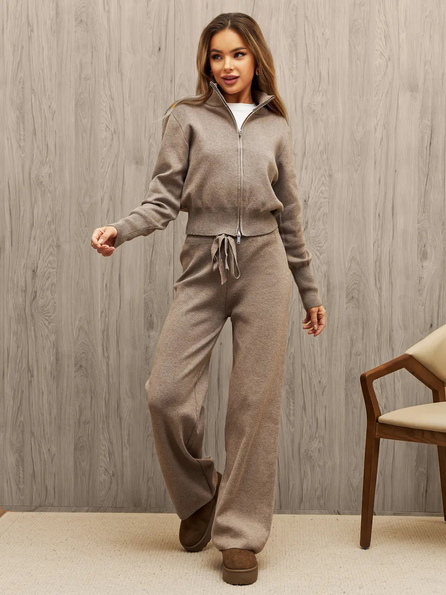Damen Strick-Loungewear-Set mit Kapuze Elastisch Beige