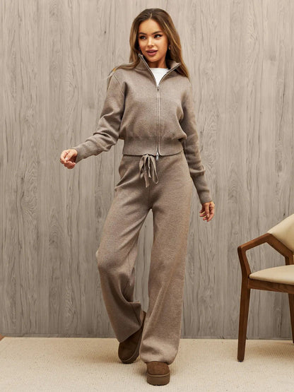 Damen Strick-Loungewear-Set mit Kapuze Elastisch Beige