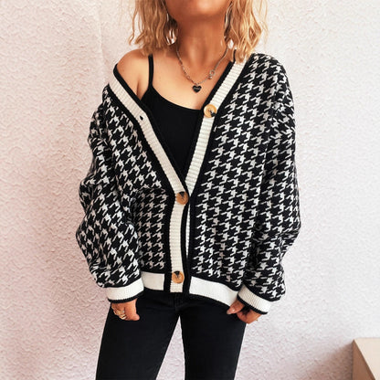 Damen Strickjacke Klassisches Hahnentritt-Muster Große Knöpfe