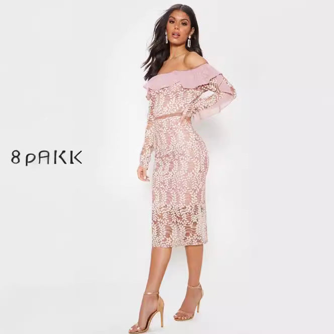 Damen Off-Shoulder Spitzenkleid Voluminöse Rüschen Figurbetont