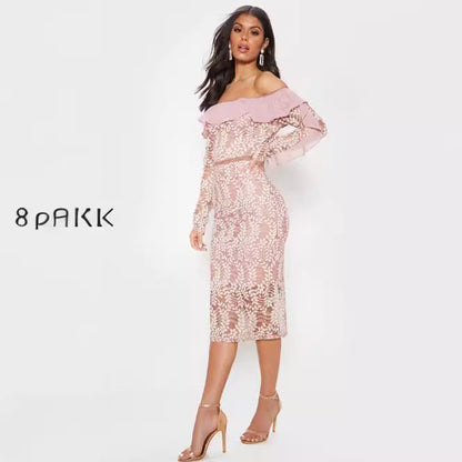 Damen Off-Shoulder Spitzenkleid Voluminöse Rüschen Figurbetont