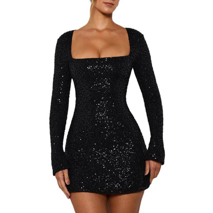 Damen Minikleid Glitzernd Langarm U-Ausschnitt Norvielle