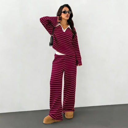 Damen Loungewear-Set mit Kragen Streifen Norvielle