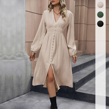 Damen Midikleid V-Ausschnitt Knöpfe Schwarz - Norvielle
