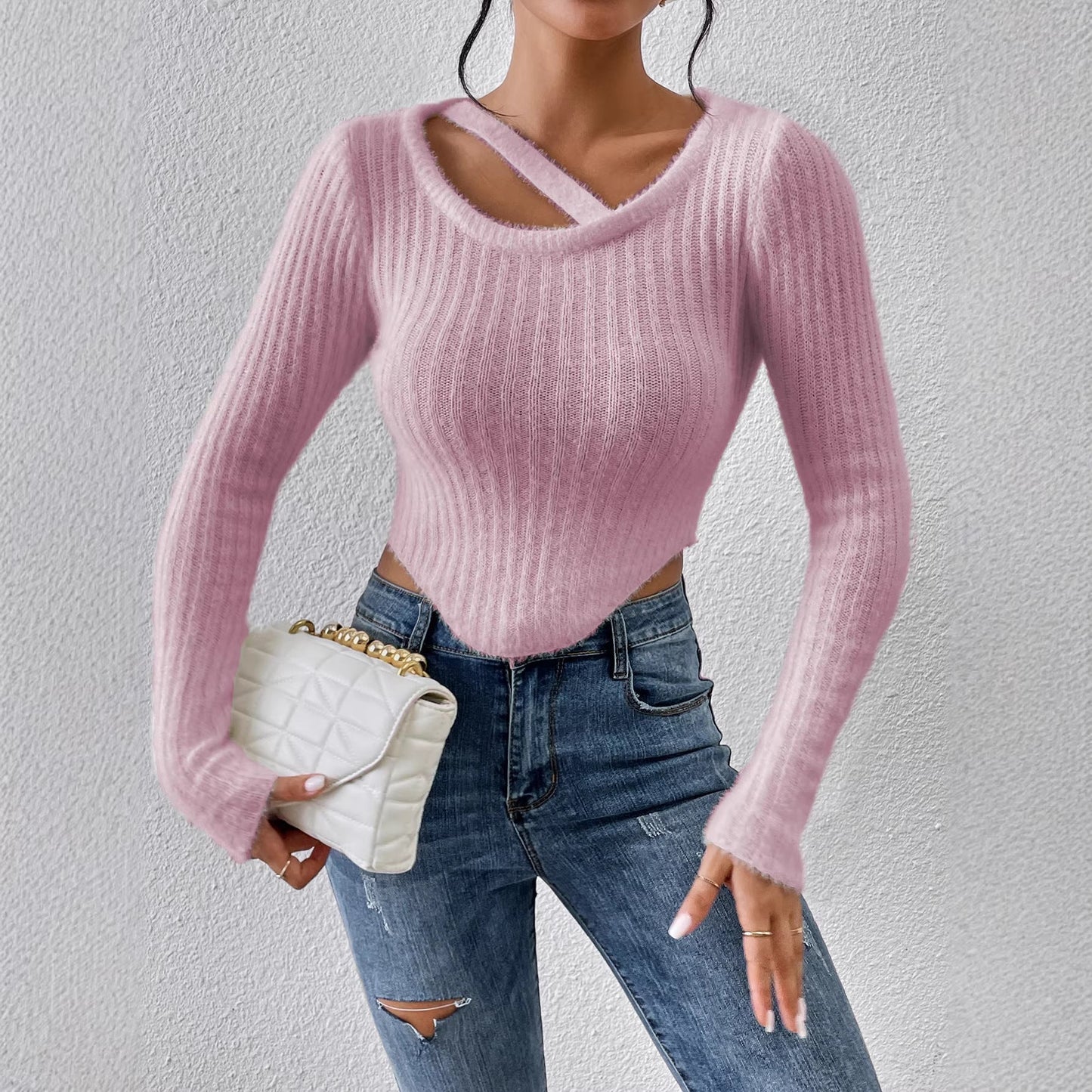 Damen Off-the-Shoulder Stricktop Elastisch Beige