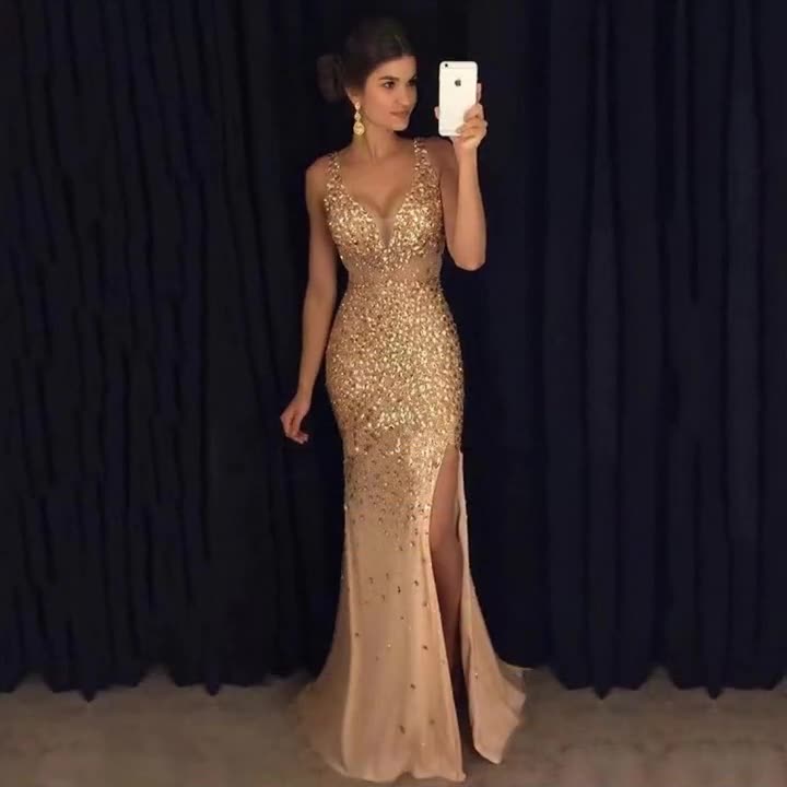 Norvielle Damen Ärmelloses Ballkleid V-Ausschnitt Beinschlitz
