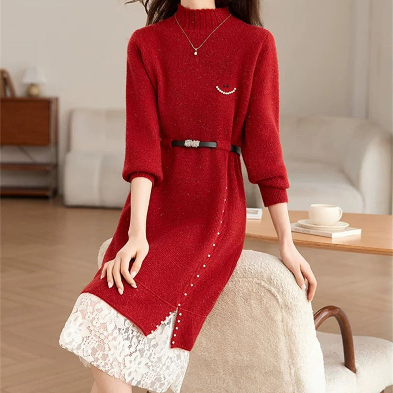 Damen Strickkleid mit Spitzendetail und Taillengürtel