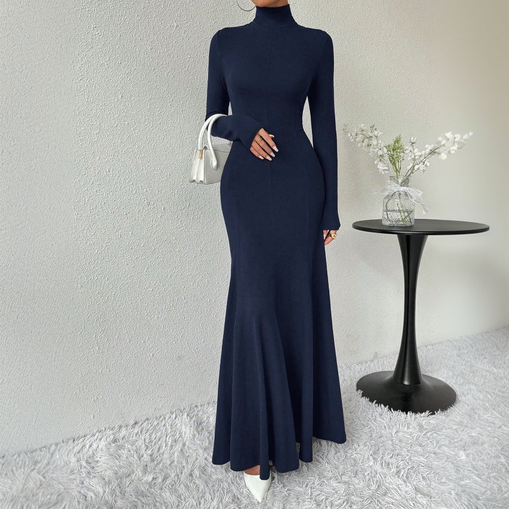 Damen Maxi-Kleid Langarm Hochkragen Schwingender Saum Norvielle
