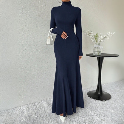 Damen Maxi-Kleid Langarm Hochkragen Schwingender Saum Norvielle