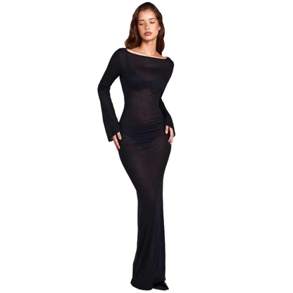 Damen Maxikleid Langärmlig Figurbetont Transparent