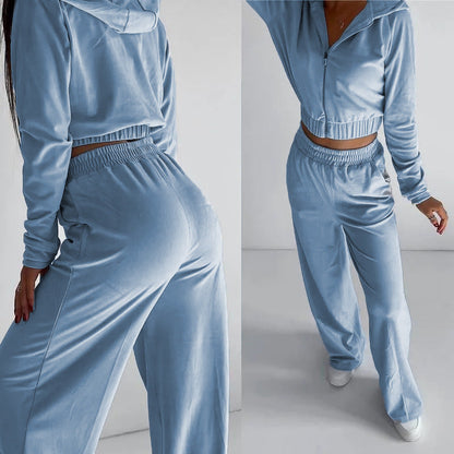 Damen Velours-Loungewear-Set mit Cropped-Jacke und Hosen