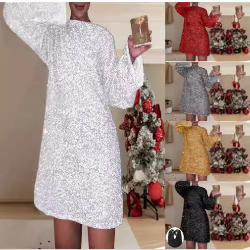 Damen Minikleid Glitzernd Weites Design Langer Ärmel - Norvielle
