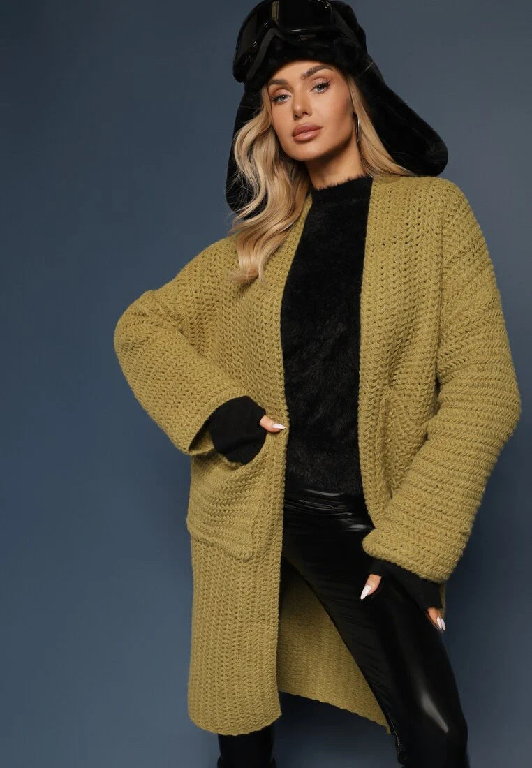 Damen Oversized Strickjacke V-Ausschnitt Taschen Norvielle
