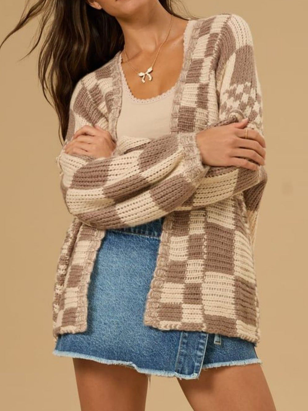 Damen Strickjacke Karomuster Weite Ärmel Beige