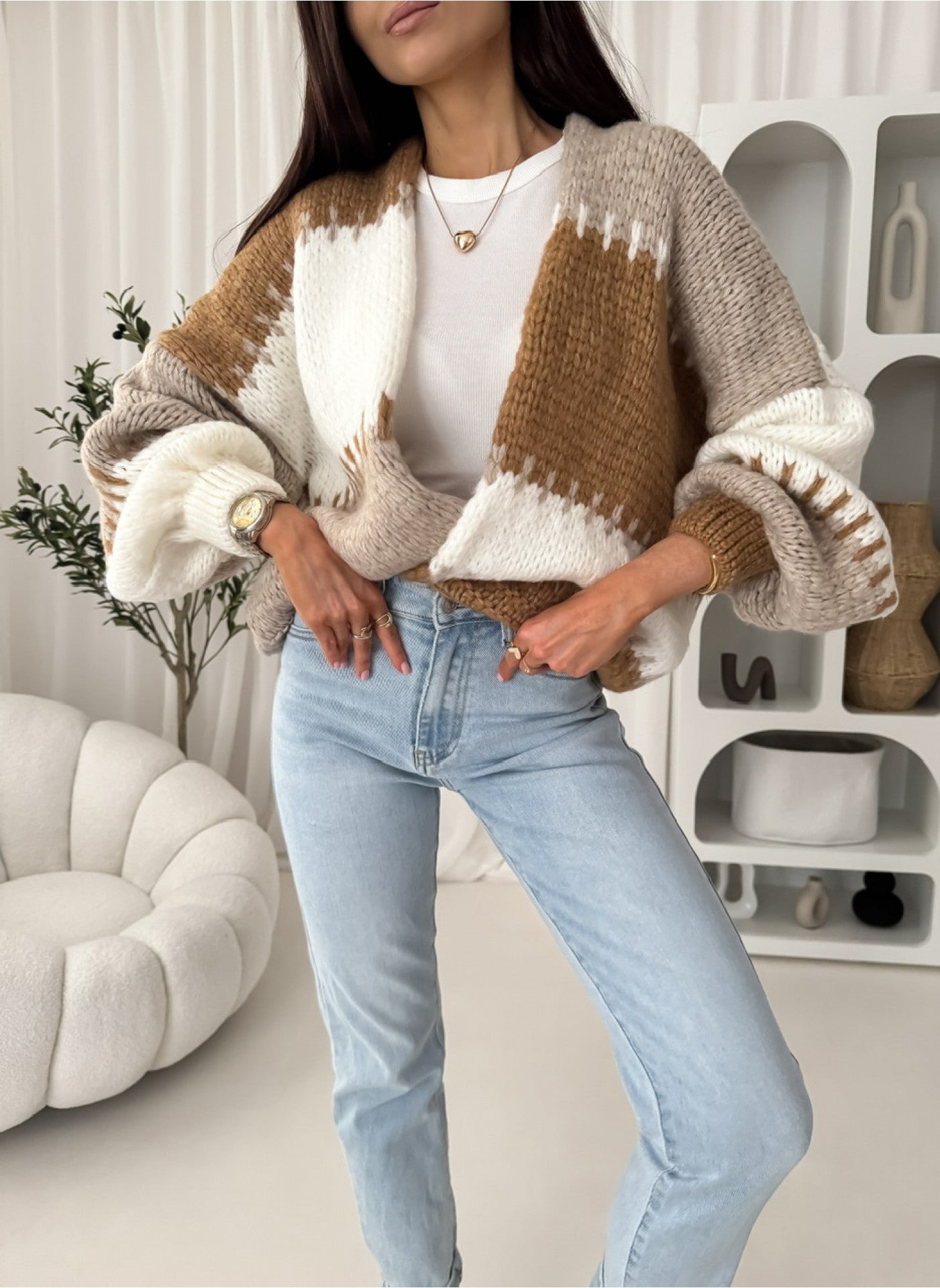 Damen Strickjacke Voluminöse Ärmel Geometrisches Muster Norvielle