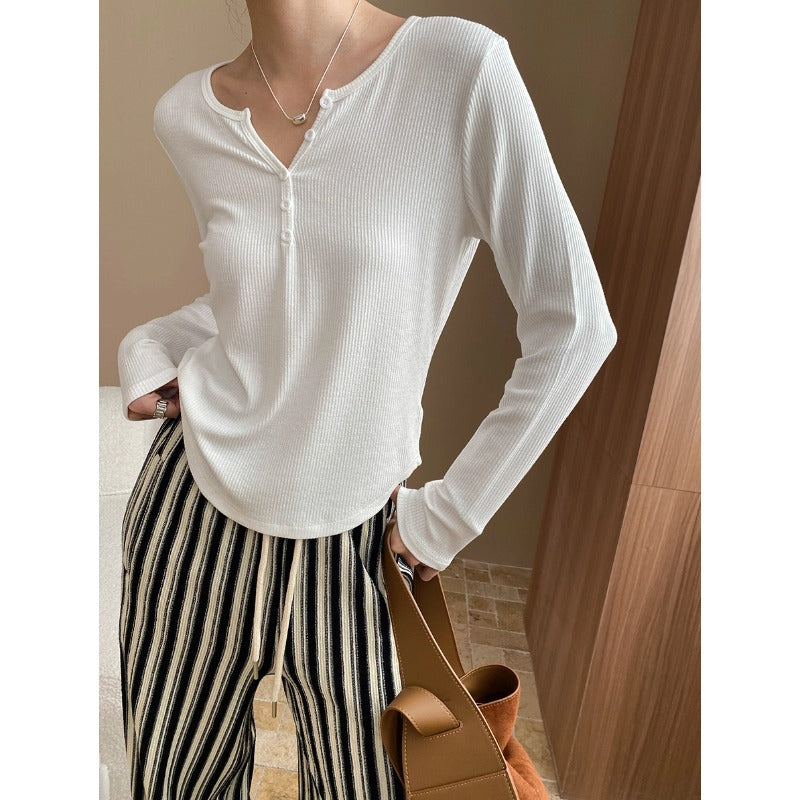 Damen Langarm-Henley-Shirt Weiches Rippmaterial Beige - Norvielle