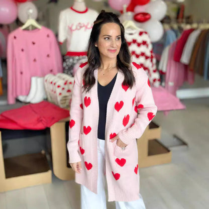 Damen Strickjacke Herzdesign Modisch Länglich