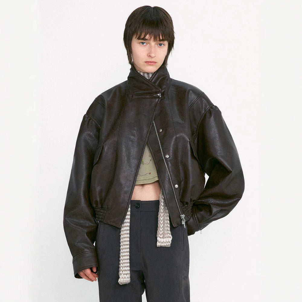 Damen Lederjacke Oversized Praktische Taschen Norvielle