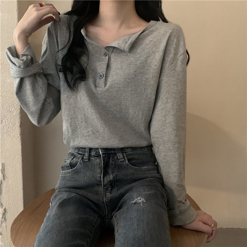Damen Langarm Henley-Shirt Baumwolle Moderner Kragen