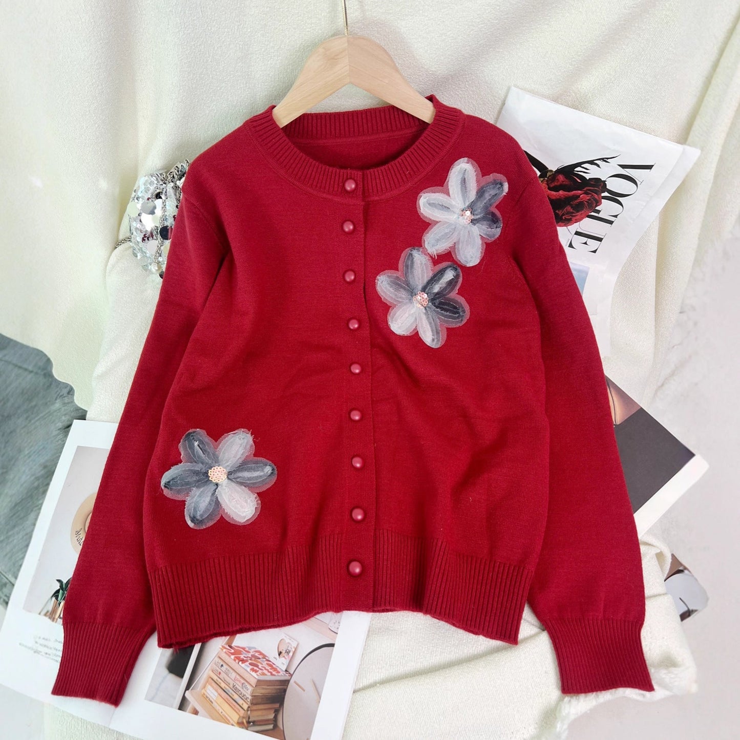 Damen Strickjacke Florales Design Knopfverschluss Norvielle