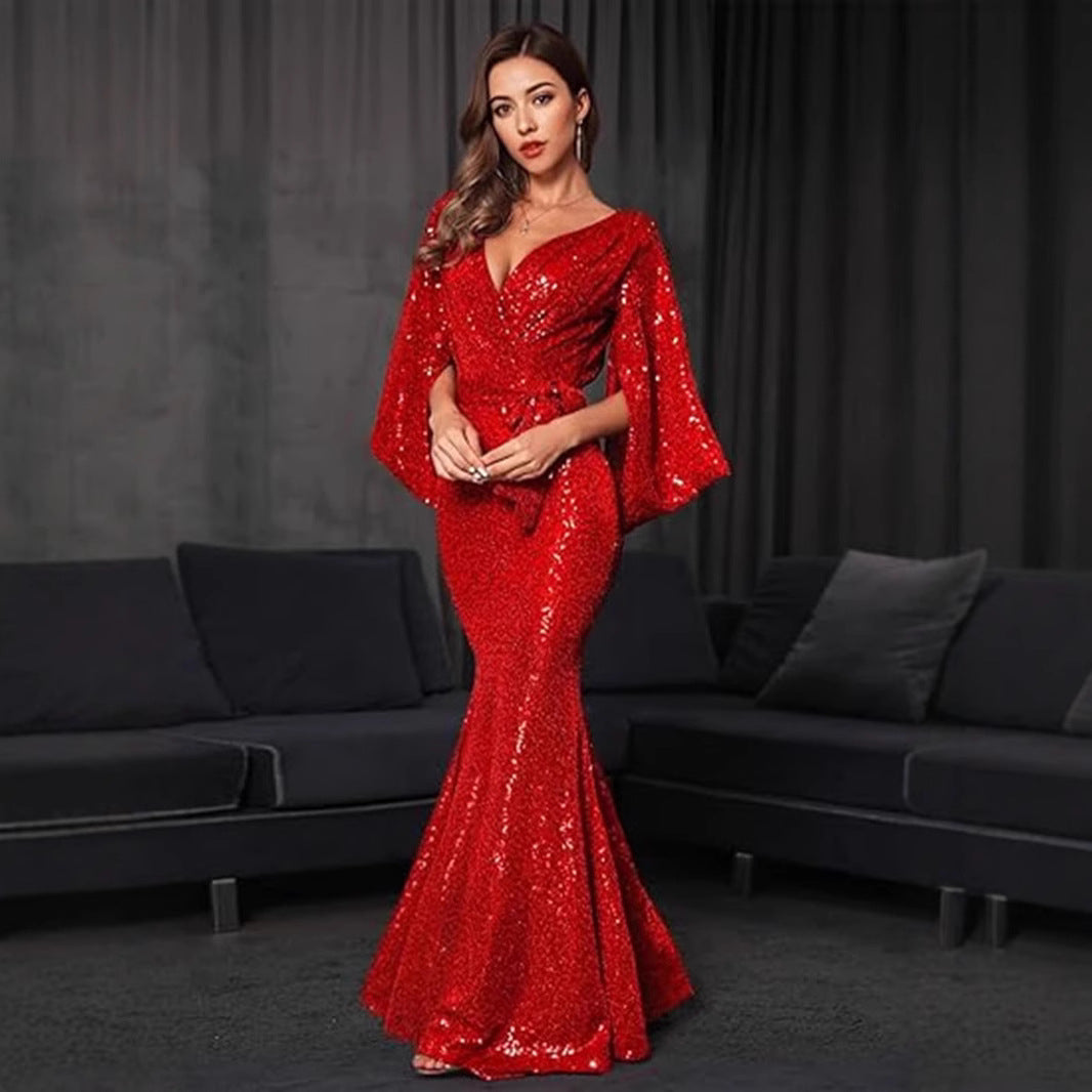 Damen Abendkleid Pailletten V-Ausschnitt Fließender Rock