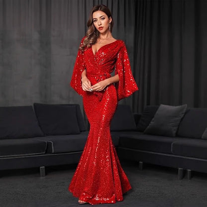 Damen Abendkleid Pailletten V-Ausschnitt Fließender Rock